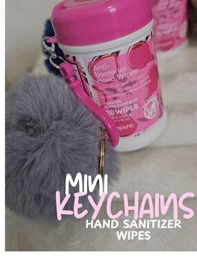 Mini Keychain Antibacterial Hand Wipes Canister with Gray Pom Keychain